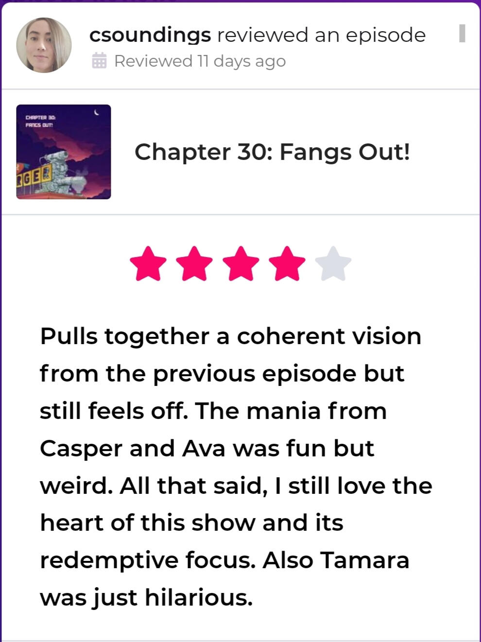 Pulls together a coherent vision from the previous episode but still feels off. The mania from Casper and Ava was fun but weird. All that said, I still love the heart of this show and its redemptive focus. Also Tamara was just hilarious.